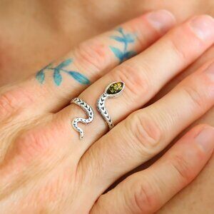 Amber Snake Ring- 925 Sterling Silver Adjustable Ring-Goth Chic